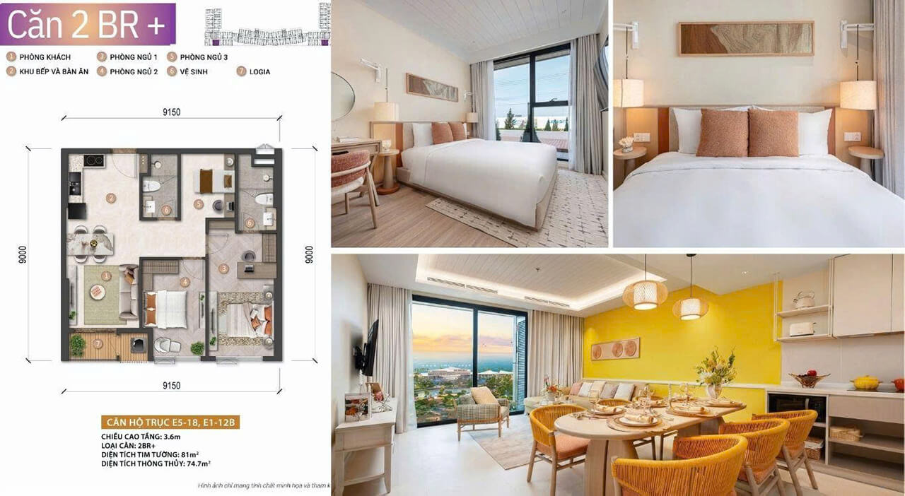 Layout mặt bằng thiết kế căn hộ 2PN+ rộng rãi như căn 3 phòng ngủ tại tòa Beacon