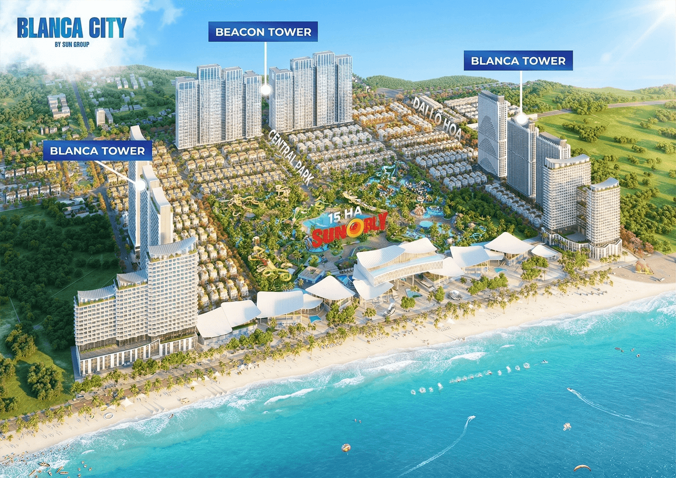 Phối cảnh tổng thể dự án Blanca City Vũng Tàu nhìn từ trên cao, hướng ra biển lớn