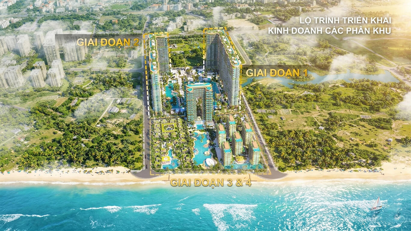 Toàn cảnh vị trí dự án Sunshine Bay Retreat Vũng Tàu nhìn từ trên cao, nổi bật với 320m mặt tiền biển Chí Linh