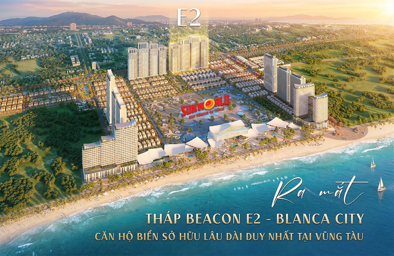 Toàn cảnh tháp căn hộ Beacon thuộc dự án Blanca City Sun Group Vũng Tàu nhìn từ biển