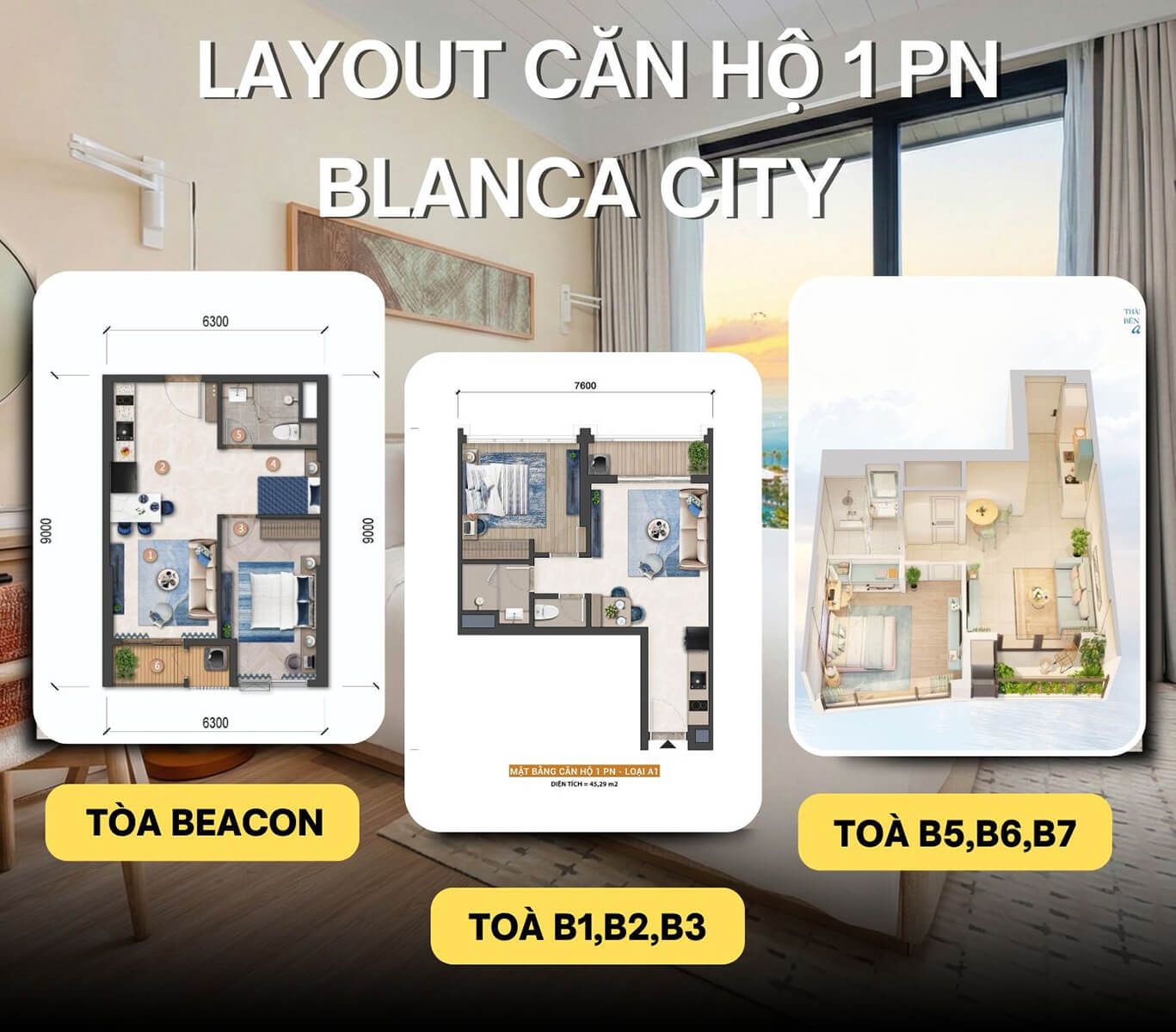 Layout căn hộ 1 phòng ngủ Blanca city