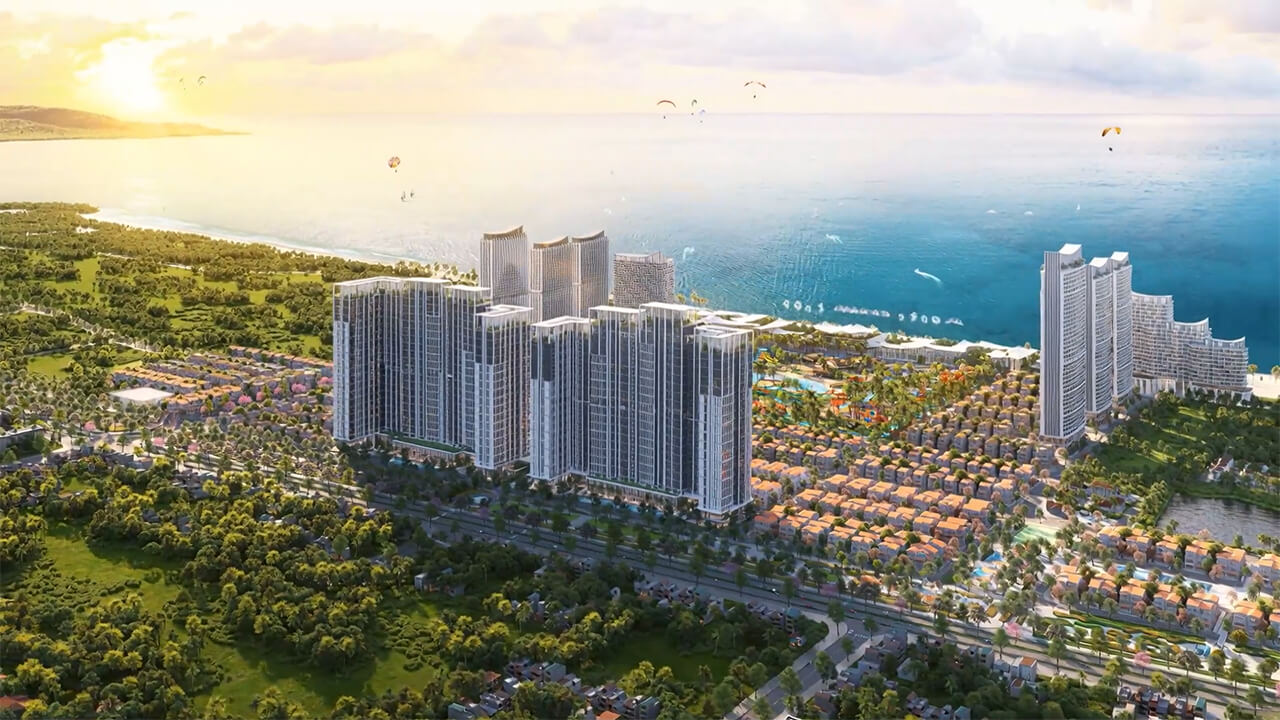 Toàn cảnh dự án Blanca City với các tòa tháp căn hộ hướng biển nằm ôm trọn công viên Sun World 15ha