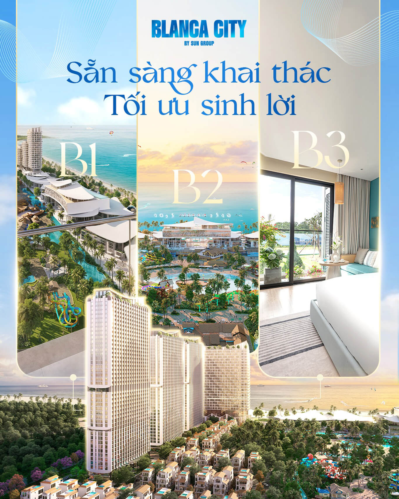 Phối cảnh toàn cảnh dự án Blanca City Sun Group Vũng Tàu nhìn từ hướng biển, nổi bật các tòa tháp B1, B2, B3 sát bãi biển và công viên Sun World