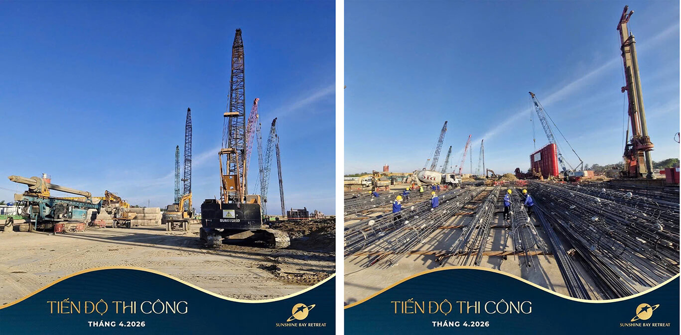 Xe cẩu và máy ép cọc công suất lớn đang thi công cọc đại trà D1000 tại phân khu trung tâm dự án Sunshine Bay Retreat