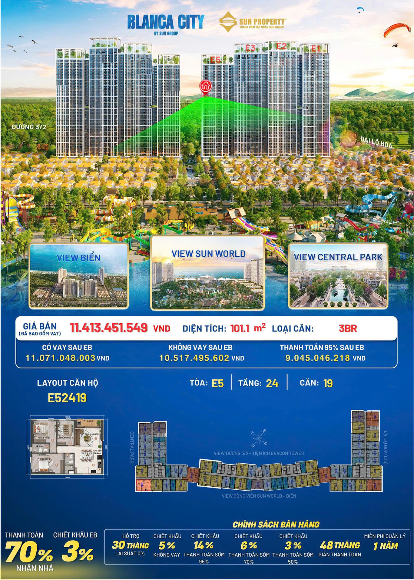 Căn góc 3 phòng ngủ E52409 Beacon Blanca city
