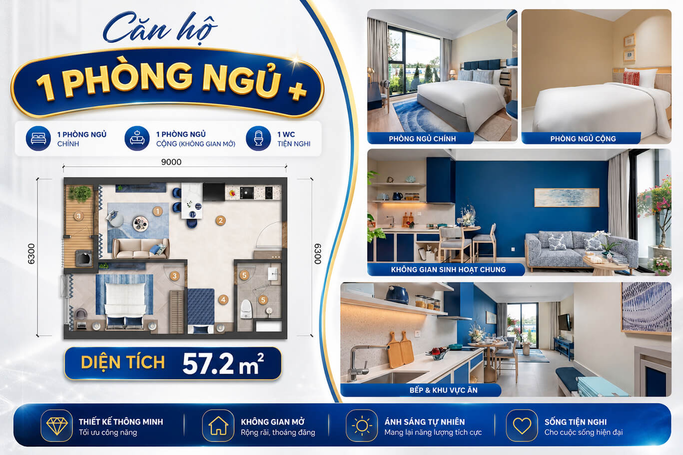 Căn hộ 1 Phòng Ngủ + Beacon Blanca City