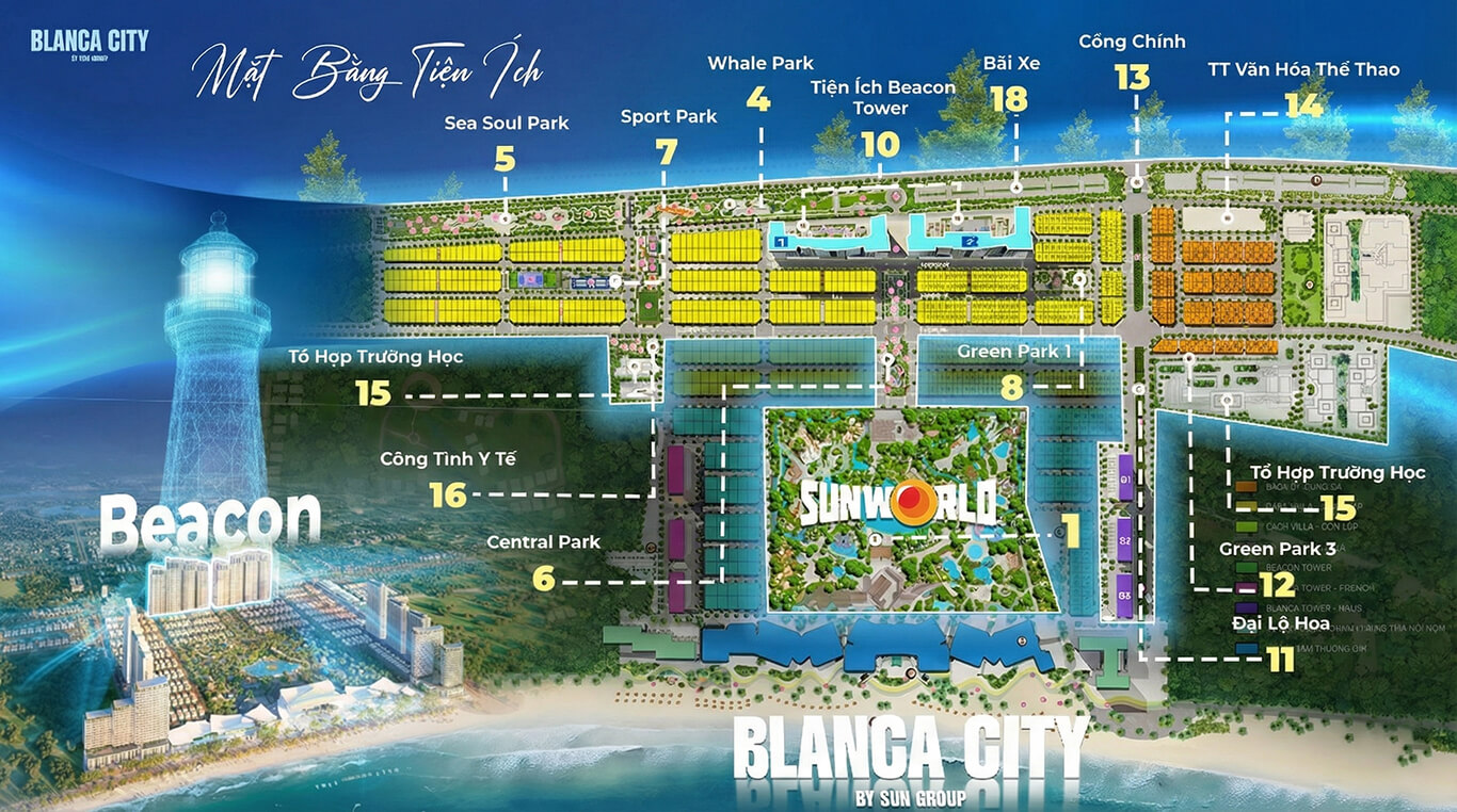 Mặt bằng phân khu tiện ích bao quanh căn hộ Beacon Blanca City với các công viên và Sun World