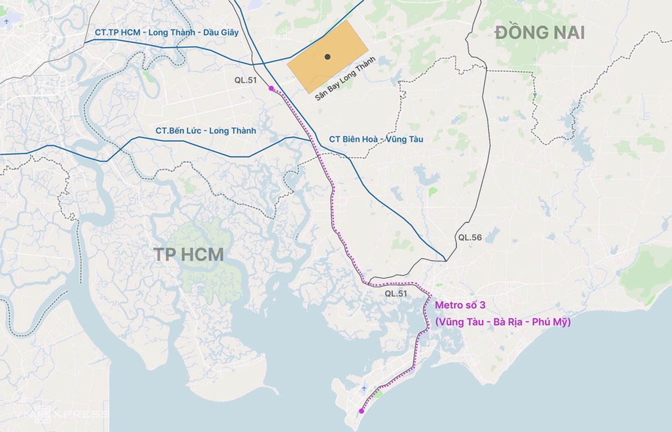 Hướng tuyến metro số 3 theo quy hoạch (Vũng Tàu - Bà Rịa - Phú Mỹ).