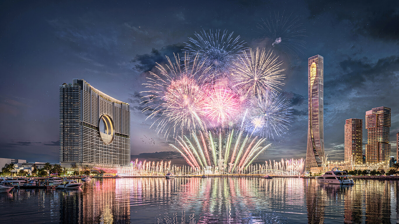 Phối cảnh tổng thể tòa tháp Sun Galaxy Complex bên bờ sông Hàn với kiến trúc Moon Gate độc đáo