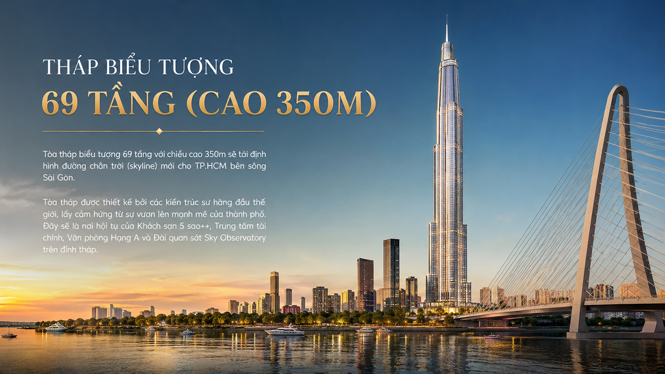 Phối cảnh kiến trúc tháp biểu tượng 69 tầng và các khối tháp Sun Group Thủ Thiêm