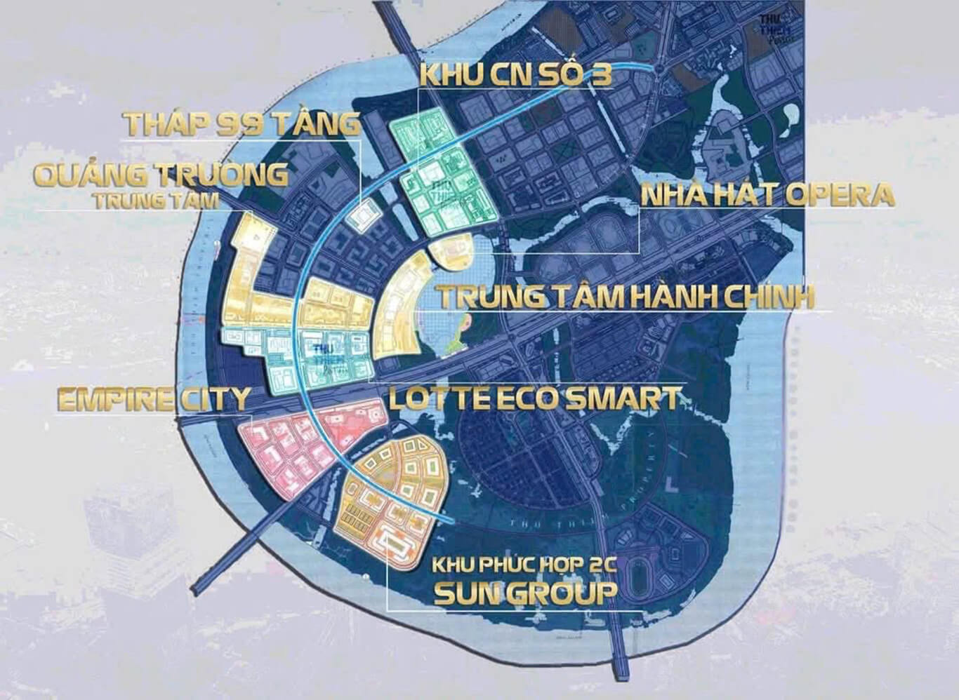 Bản đồ vị trí kết nối chiến lược Phân khu 2C Sun Group tại bán đảo Thủ Thiêm