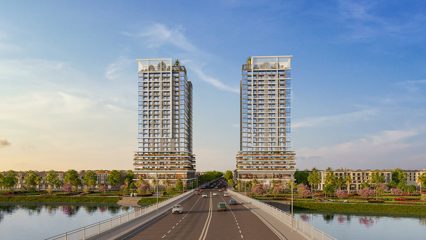 Phối cảnh tổng thể tháp đôi S-Light Tower Sun Group bên ngã 3 sông tại Nam Hòa Xuân Đà Nẵng