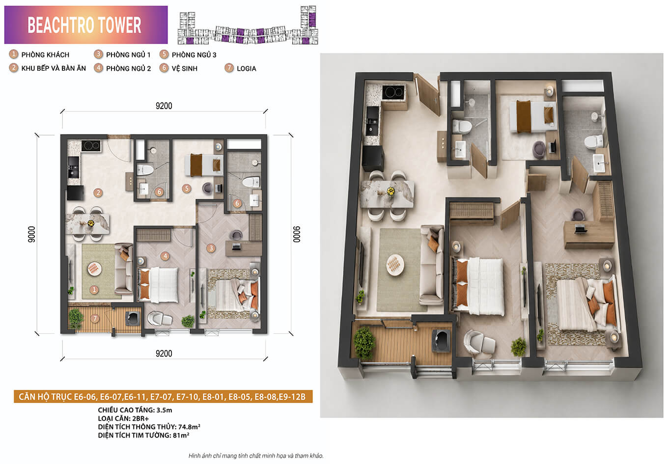 Mặt bằng bóc mái 3D layout căn 2 PN Plus toà Beachtro Tower diện tích 81m2
