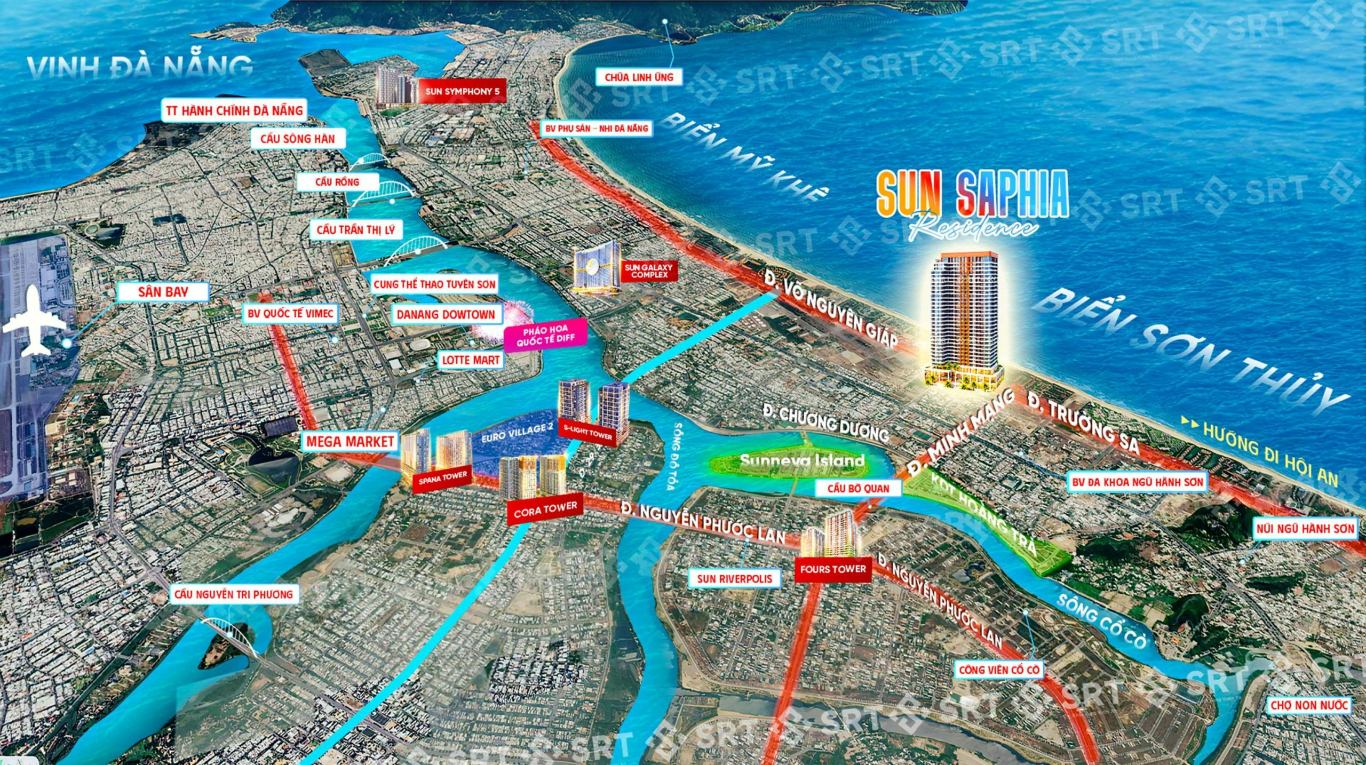 Bản đồ vị trí kết nối chiến lược của dự án Sun Saphia Residence trên trục đường Trường Sa - Võ Nguyên Giáp