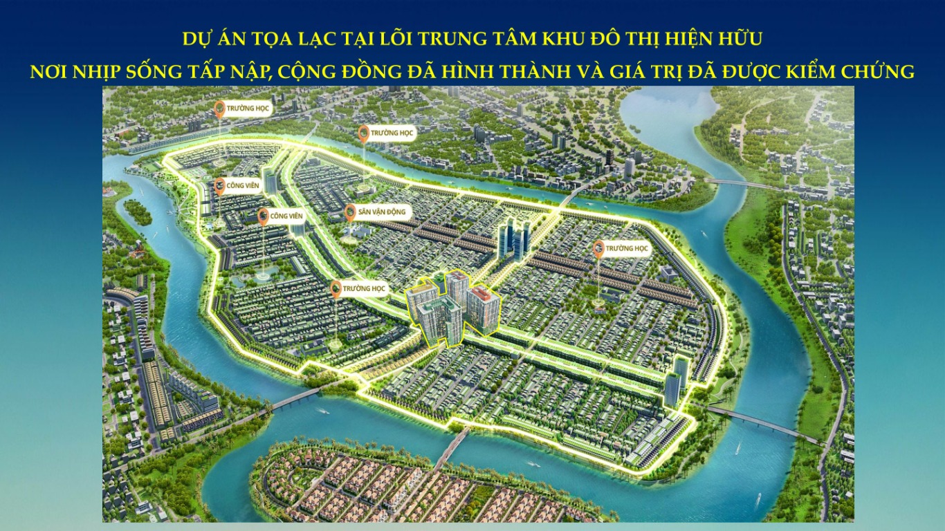 Phối cảnh tổng thể 4 tòa tháp căn hộ FourS Tower lung linh bên bờ sông Cổ Cò và KĐT Sun Riverpolis
