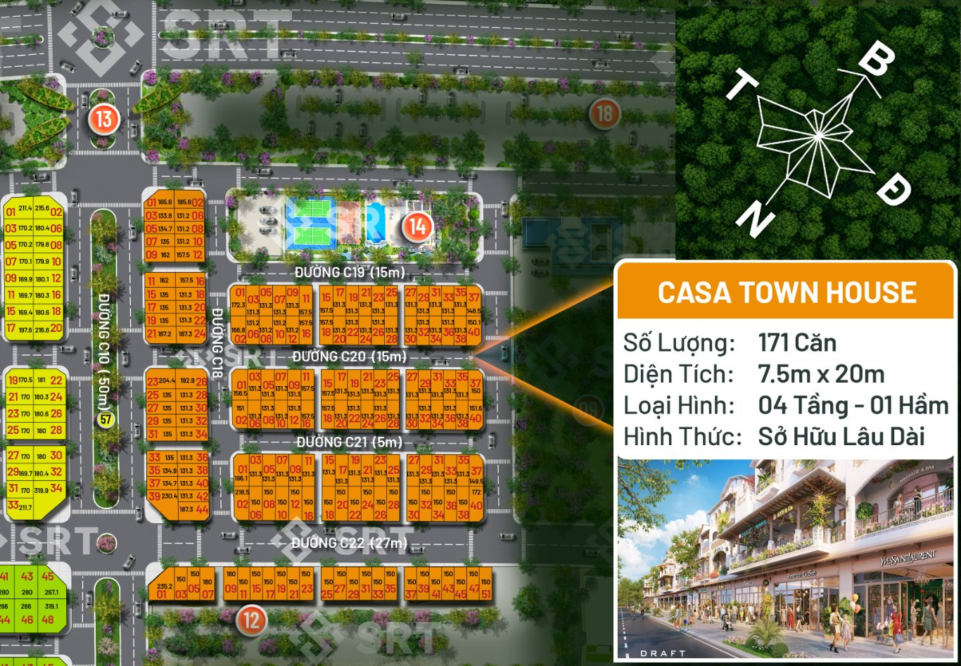 Mặt bằng phân lô chi tiết các dãy shophouse đường C10, C18, C19, C20, C21, C22 Blanca City Vũng Tàu