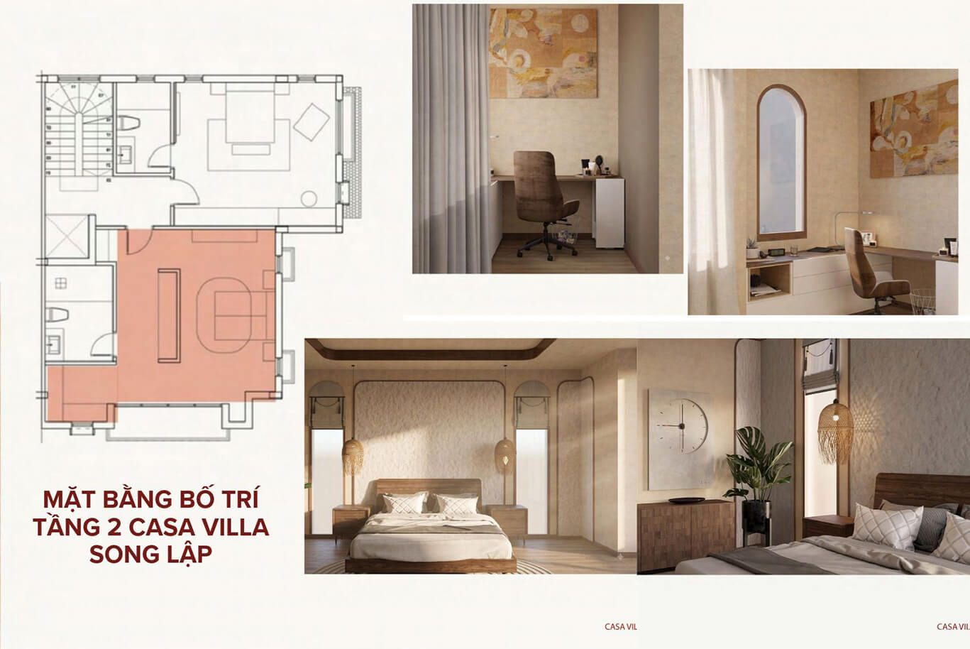 Nội thất phòng ngủ 1 và phòng ngủ 2 tại tầng 2 biệt thự song lập Casa Villa Blanca City