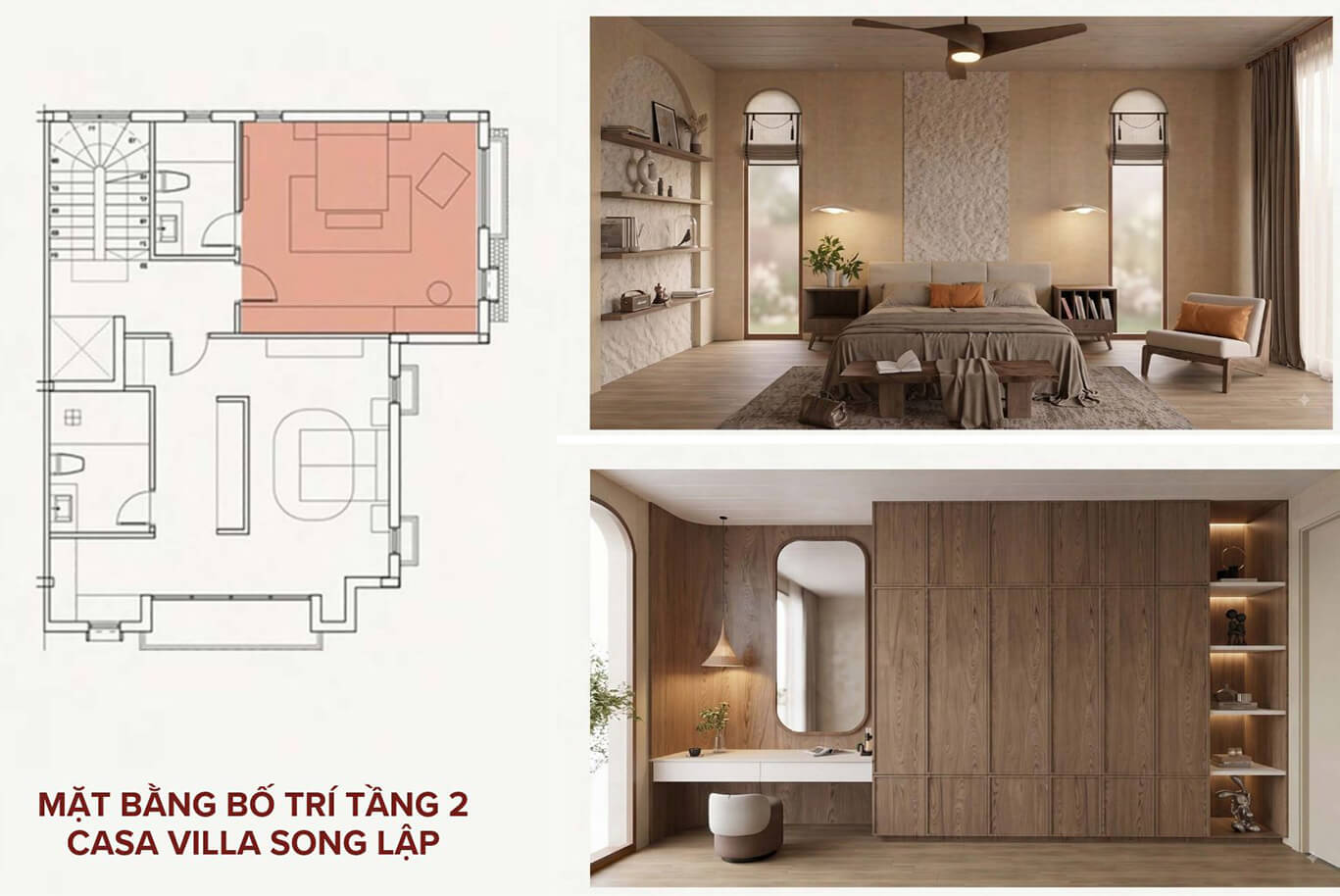 Nội thất phòng ngủ 1 và phòng ngủ 2 tại tầng 2 biệt thự song lập Casa Villa Blanca City