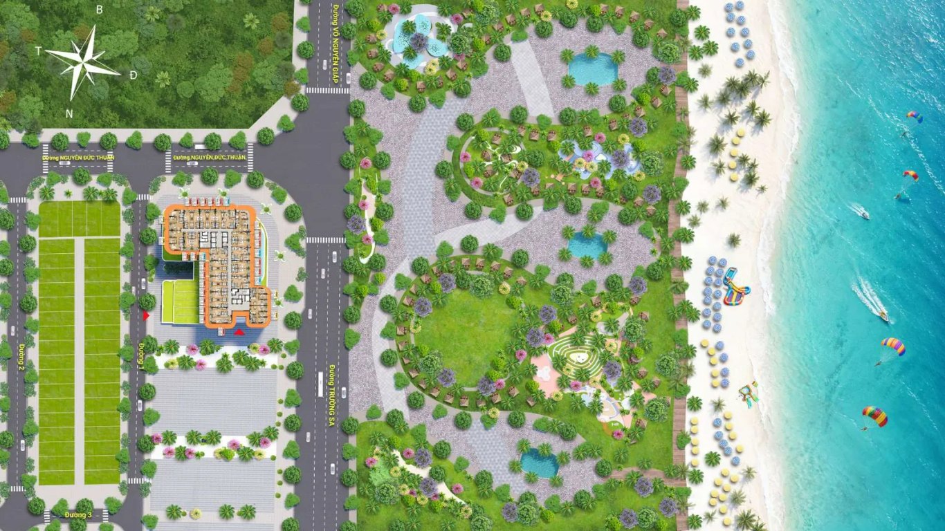 Phối cảnh quy hoạch chuỗi 3 công viên bãi tắm công cộng trực diện dự án Sun Saphia Residence