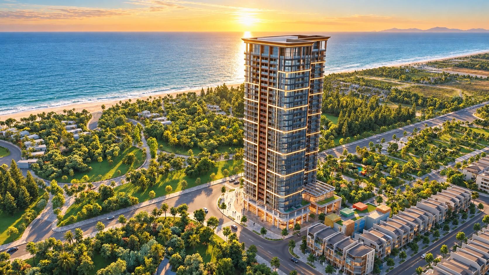Phối cảnh tổng thể tòa tháp căn hộ Sun Saphia Residence Đà Nẵng rực rỡ bên bờ biển Sơn Thủy